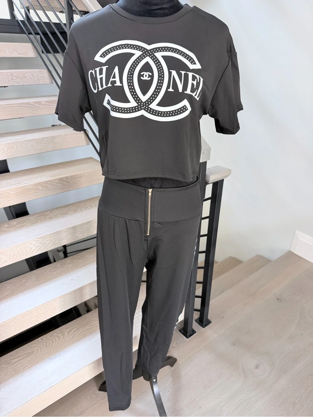Chanel Black Logo Cropped Top & High-Waist Pants Set size L